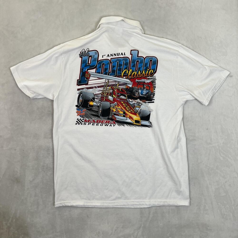 Vintage Pombo Racing Polo Shirt Mens Large White Hanes 2006 Madera Speedway